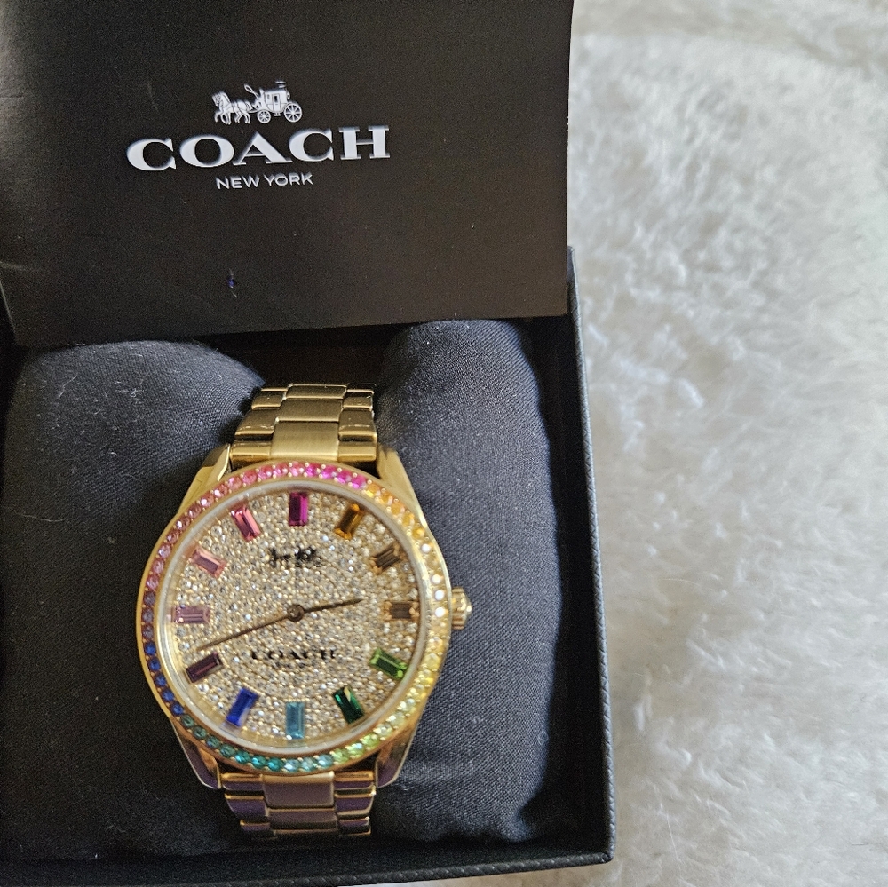 Coach Preston goldtone watch, rainbow crystals, #14503657, practically NEW